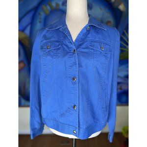 Chaps Trucker Jean Jacket Womens Size L Blue Cropped Denim Metal Buttons Pockets